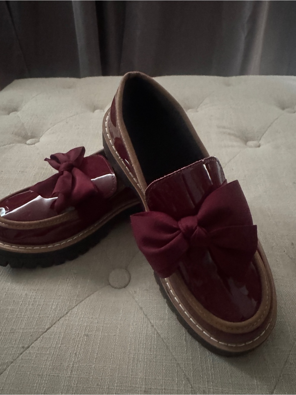 Bow Accent Patent Loafers in Burgundy - Picture 2 of 8